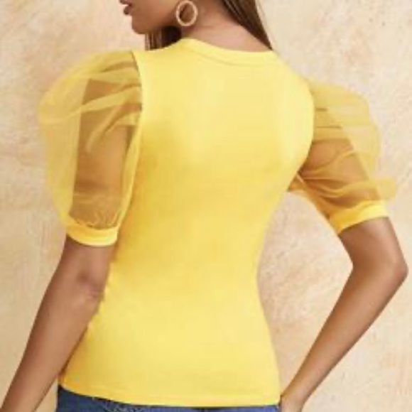 SHEIN Sheer Puff Sleeve Elegant Summer T Shirts Yellow Top, size M - Picture 2 of 14